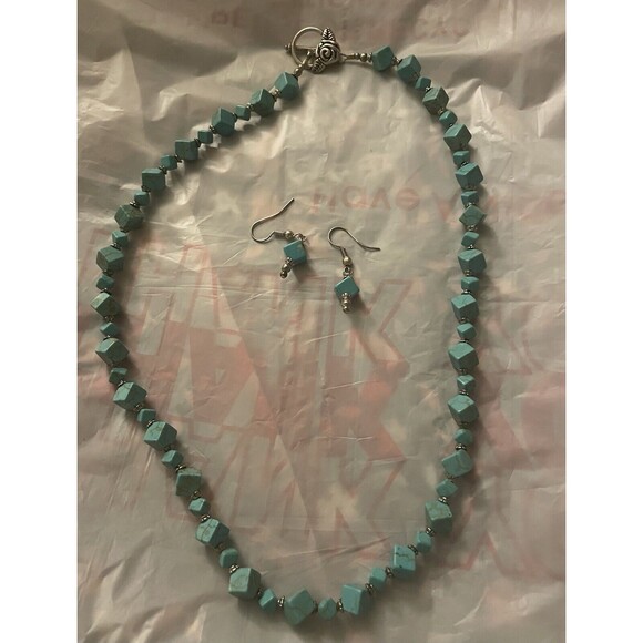 Cube Jewelry - Turquoise Rose Flower Toggle Vintage Handmade Cube Necklace Earrings Set 7 In